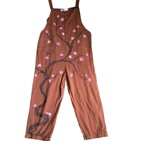 mommy jenny Pants - Mommy Jennie Overalls with Hand Painted Cherry Blossom Flowers size Large